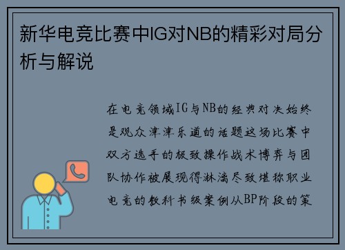 新华电竞比赛中IG对NB的精彩对局分析与解说