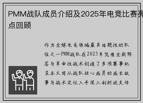 PMM战队成员介绍及2025年电竞比赛亮点回顾
