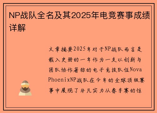 NP战队全名及其2025年电竞赛事成绩详解