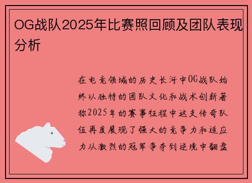 OG战队2025年比赛照回顾及团队表现分析